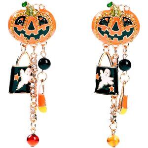 Women's Orange Halloween Pumpkin Copper Tassels Smiling Dangle Face Earrings
